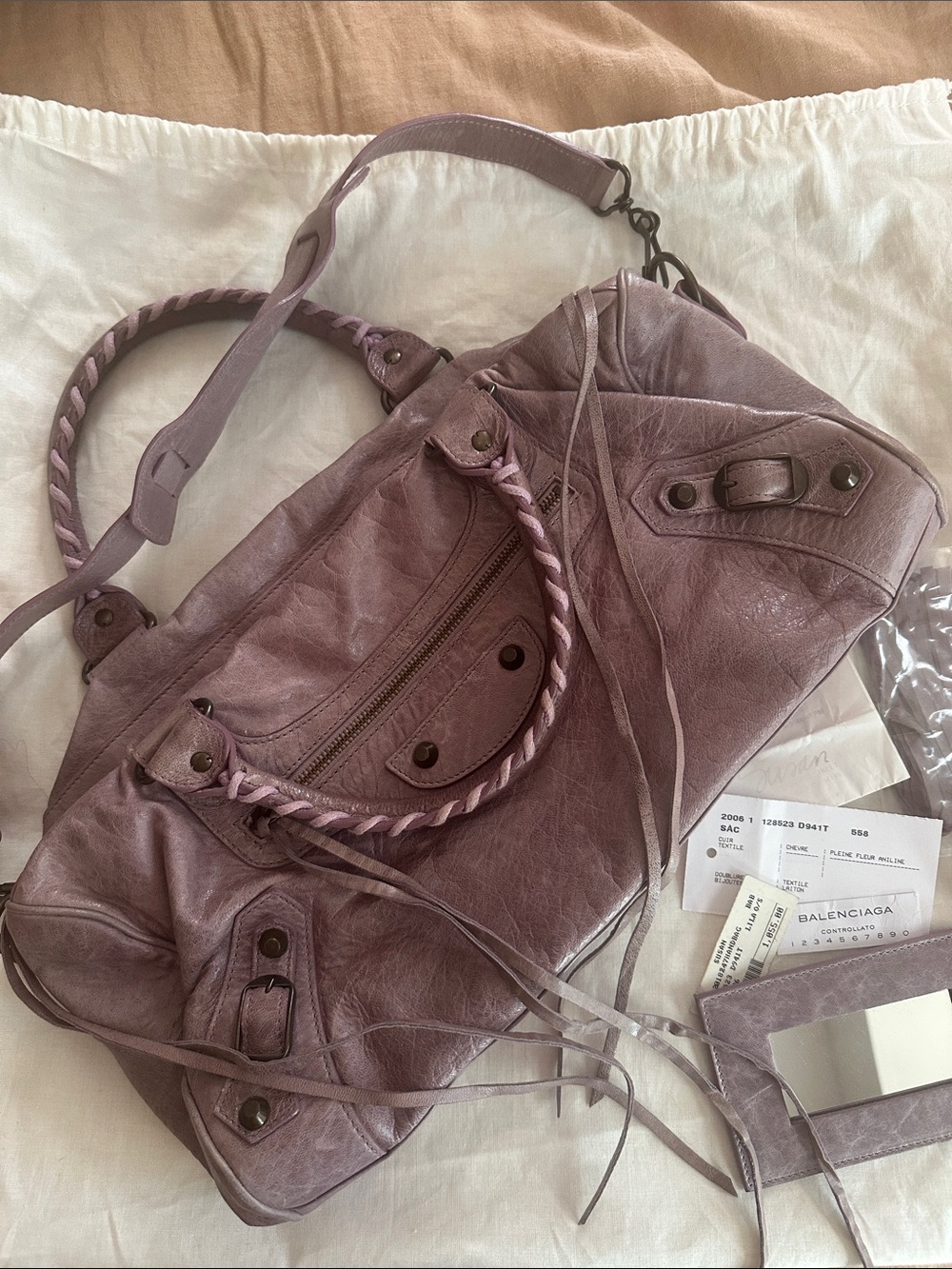 Balenciaga Twiggy lavender lilac Leather City Era Bag Y2K